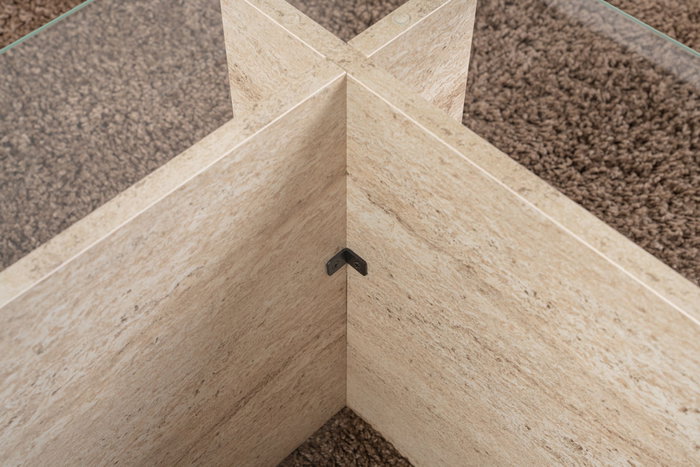 Hanah Home Mesa de Centro Vetrino Mármol Travertino Cristal Templado Melamina 105x40x65 cm